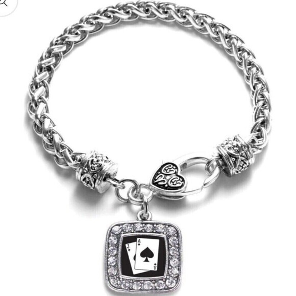 Silver Plated Blackjack Square Charm‎ Braided Bracelet Cubic Zirconia 7.5 in